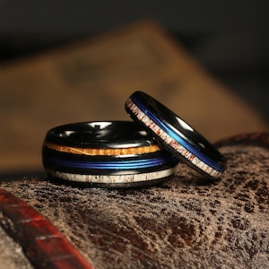 Couple rings Deer Antler Whiskey Barrel fishing line WEDDING Rings His and Hers Wedding Bands Matching Rings Wedding, matching rings