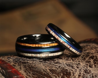 Couple rings Deer Antler Whiskey Barrel fishing line WEDDING Rings His and Hers Wedding Bands Matching Rings Wedding, matching rings