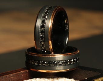 Men's Black with Black CZ Diamonds Wedding Ring, Brushed Wedding Ring, Mens Wedding Band, Mens Engagement Ring, Mens Ring, Ring for Men