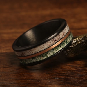 Men's Wedding Ring Moss Agate Ring Black Polish Tungsten Wedding Ring Eco-Friendly Moss Agate Black Rose Gold Strip Ring Mens, Deer Antler