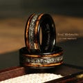 Charred Whiskey Barrel Ring with Meteorite, Meteorite Wood Ring, Whiskey Barrel Band, Meteorite Black Tungsten Mens Wedding Band, Mens Ring