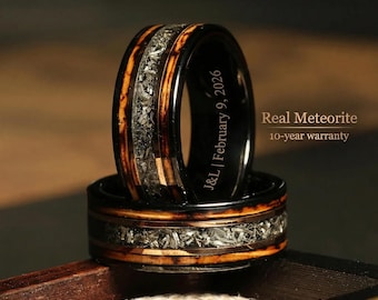 Charred Whiskey Barrel Ring with Meteorite, Meteorite Wood Ring, Whiskey Barrel Band, Meteorite Black Tungsten Mens Wedding Band, Mens Ring