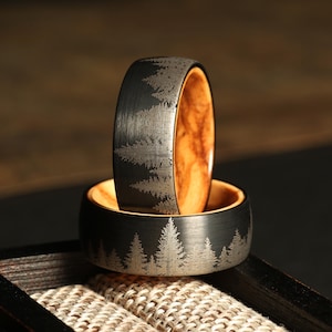 Mens Forest Whiskey Barrel Ring Rustic Tungsten Mountain Wedding Band Men&#39;s Forest Whiskey Barrel Ring Rustic Tungsten ring, gift for him