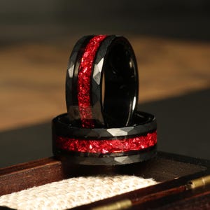 8mm Men Tungsten Wedding Band, Crushed Red German Glass Stones, Black Tungsten Ring, Hammered, Flat, Matte Brushed, Comfort Fit, Mens ring