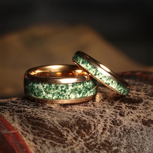 Matching Rings Green Moss Agate Rose Gold Ring Set His and Her Wedding Band Nature Couples Matching Rings Engagement Ring Gift, Couple Ring