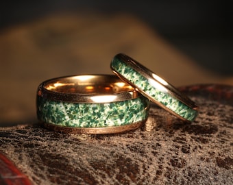 Matching Rings Green Moss Agate Rose Gold Ring Set His and Her Wedding Band Nature Couples Matching Rings Engagement Ring Gift, Couple Ring