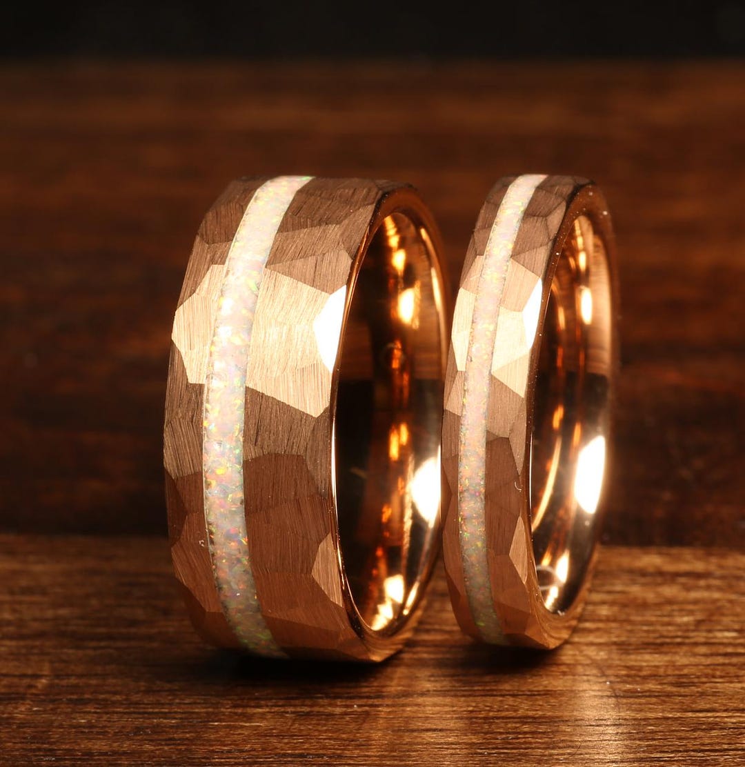 Matching Opsite Rings Couple Matching Rings Crushed White Fire Opal Band Tungsten Wedding ...