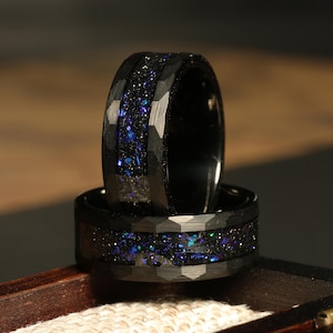 Custom Space Galaxy Ring, Mens Ring, Engraved Meteorite Tungsten Ring, Hammered Custom Engraved Ring, Black Opal & Blue Sandstone Ring, 8mm