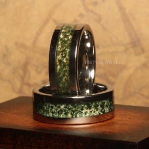 Moss Agate Rings Silver Gray Polish Tungsten Wedding Ring Moss Agate Black Ring Mens Green Moss Agate Ring 8mm gift, gift for him, mens ring