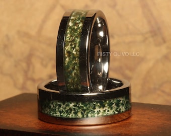 Moosachat Ringe Silber Grauer Wolframring Silber Ehering Moosachat Schwarzer Herrenring Moosachat Ring 8mm Geschenk, Geschenk für Ihn, Herrenring