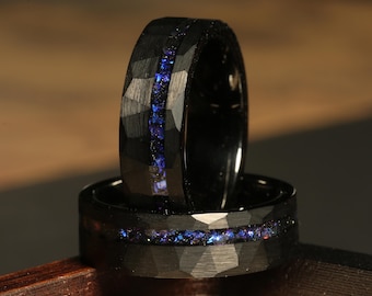 Mens Hammered Ring Nebula Interstellar Black Wedding Ring Blue Sandstone Ring Space Tungsten Carbide Anniversary Mans, Mens Ring Men & Women