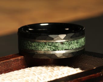 Green Moss Agate Black Hammered Silver Accent Ring 8mm Tungsten Wedding Ring Men Wedding Band Moss Agate Black Ring Mens Ring Gift for Him
