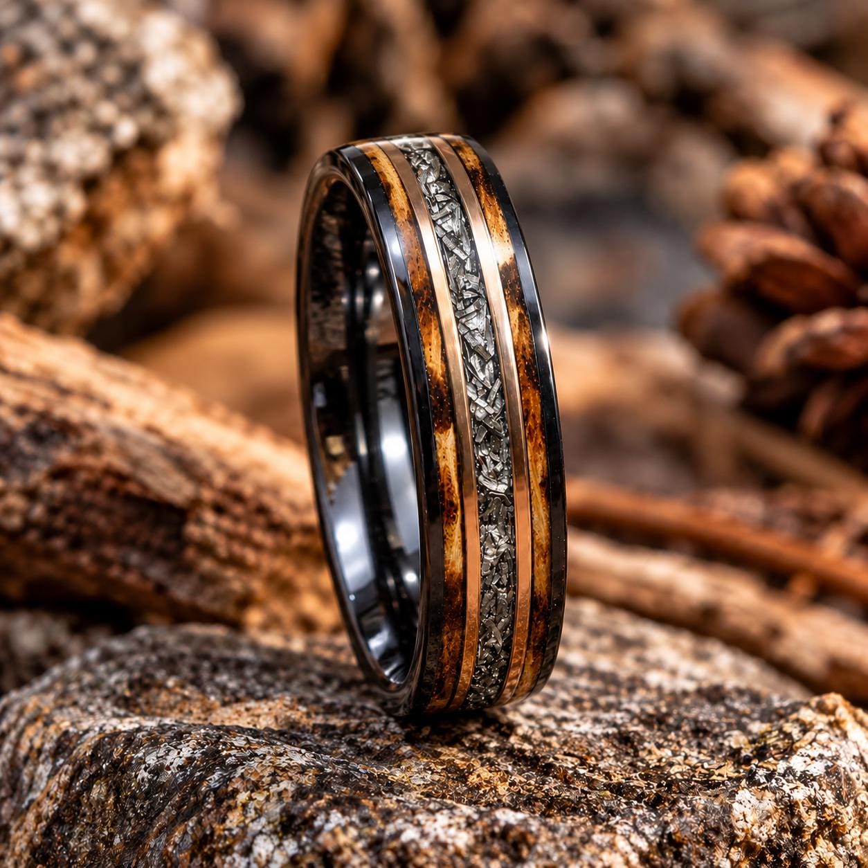 6mm Meteorite Ring, Whiskey Barrel Wood Inlay, Black Tungsten Men's Wedding Band, Comfort Fit