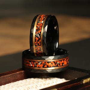 The Fossil- Dinosaur bone and Meteorite ring, Black Hammered wedding Ring, Hammered Brushed Tungsten Band, Mens Rings, dinosaur bone ring