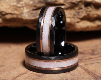 Crushed White Fire Opal Band Tungsten Wedding Ring Men's Black Wedding Band October Birthstone Opal Ring Anniversary Gift For Him 8mm