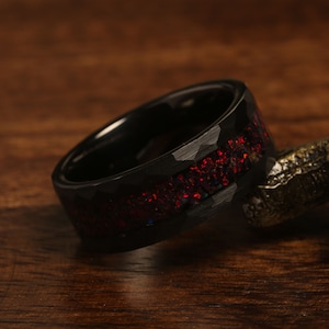 Men's Wedding Ring Crushed Black Fire Opal, Hammered Black Tungsten Mens Ring, Mens Wedding Ring, Mens Wedding Band Best Seller