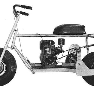 May include: A black and white image of a small, motorised vehicle with a single seat. The vehicle has a small engine, a petrol tank, and two large wheels. The vehicle is designed for off-road use.
