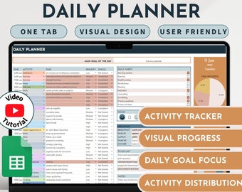May include: A laptop computer displaying a Google Sheets spreadsheet with a daily planner template. The template includes sections for time, activity, task, priority, status, daily habits, and task progress. The spreadsheet is titled "Daily Planner" and has a video tutorial icon. The text "Instant Download | Google Sheets" is displayed at the bottom of the screen.