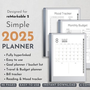 Op de afbeelding: Een digitale planner voor de reMarkable 2 tablet, met een eenvoudig ontwerp en een verscheidenheid aan pagina's voor planning, budgettering, het bijhouden van stemmingen en meer. De planner bevat een kalender, een stemmingstracker, een budgettracker en een doelplanner. De planner is ontworpen voor gebruiksvriendelijkheid en is volledig hyperlinked. De planner is beschikbaar voor directe download en bevat vier verschillende omslagen.