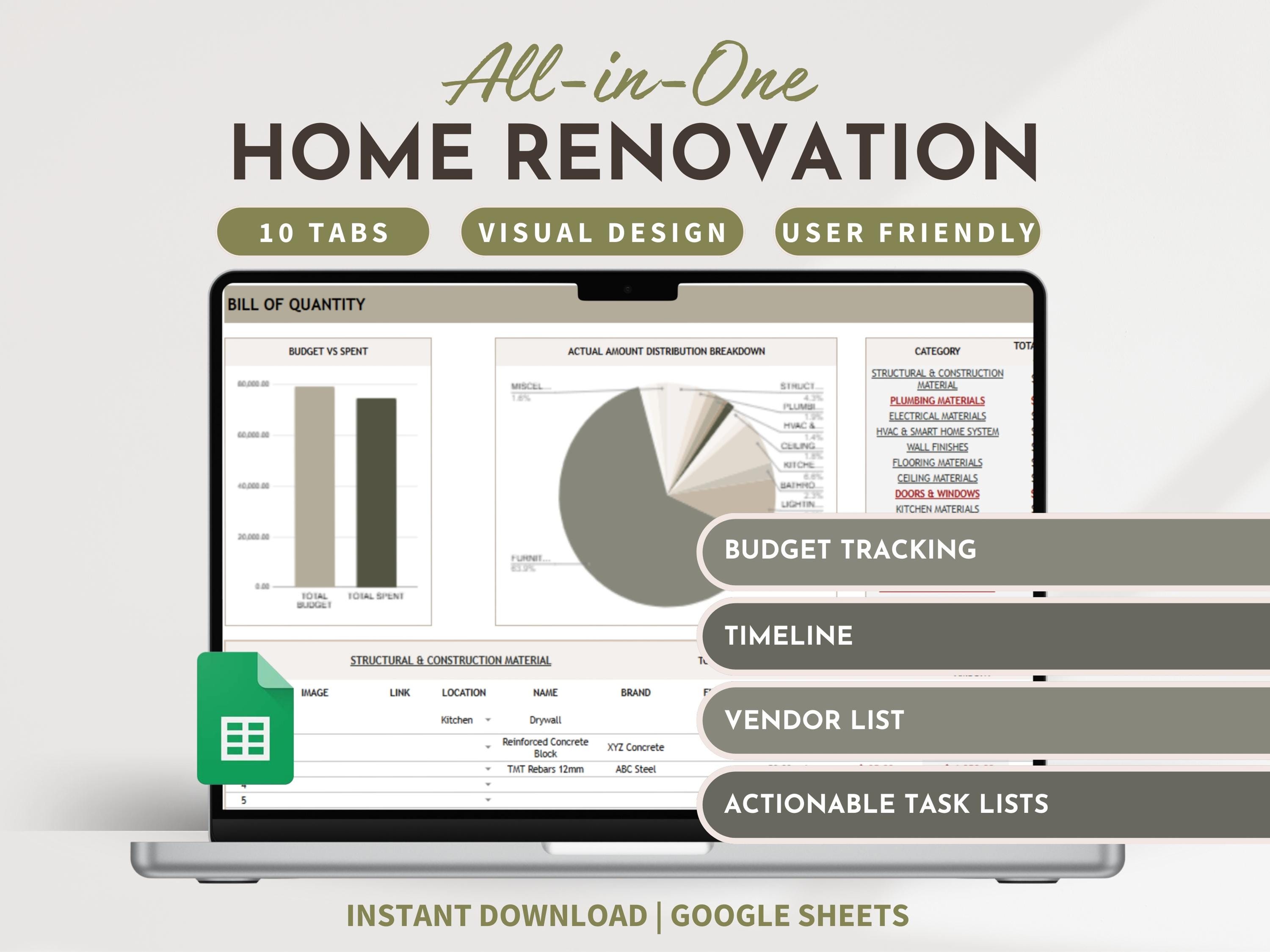 Home Renovation Planner Renovation Budget Tracker DIY Spreadsheet Renovation Project Budget Template House Project Tracker Vendor Checklist