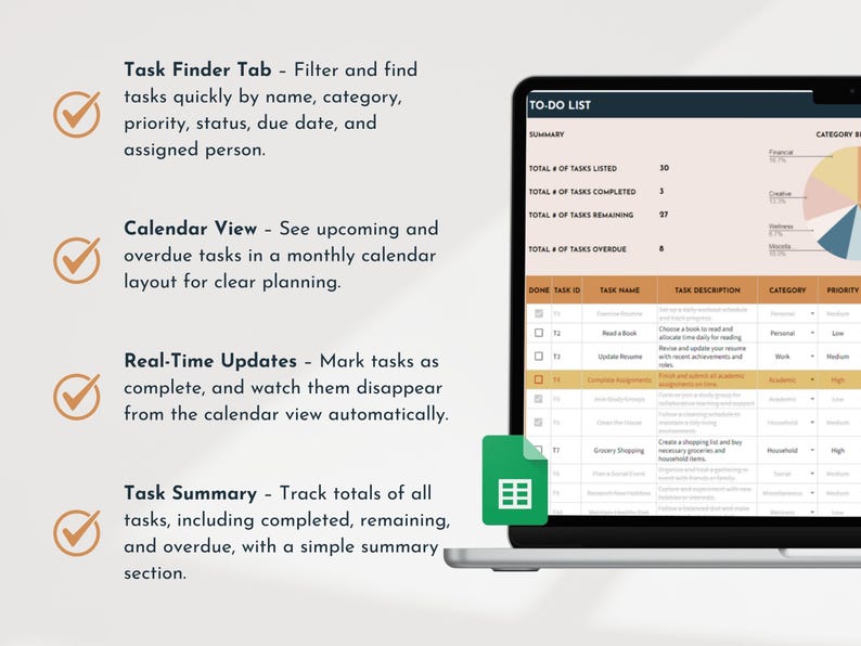 To do List Spreadsheet Task Tracker Productivity Organizer Task Management Brain Dump Checklist ADHD Calendar Daily Planner To Do Template