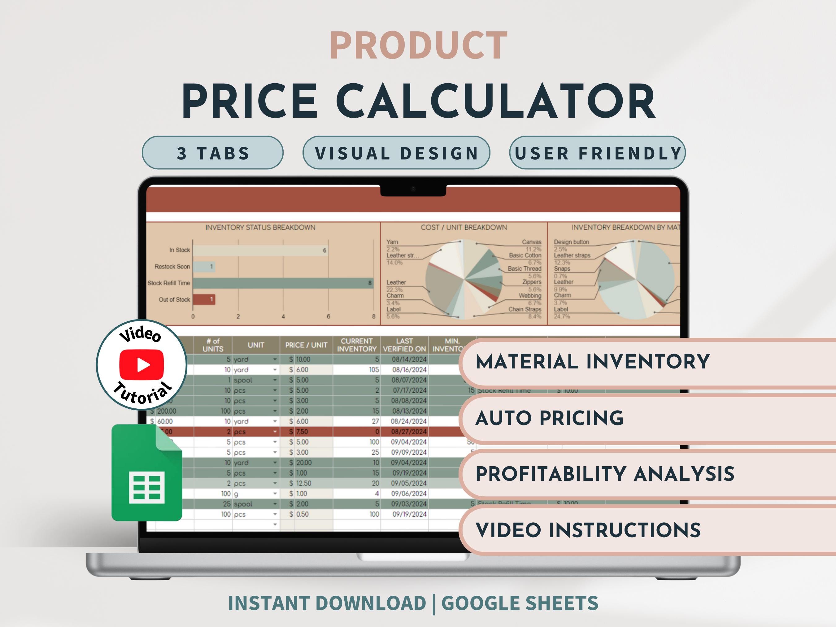 Product Price Calculator Pricing Spreadsheet Small Business Pricing Worksheet Inventory and Materials Tracker Profit Margin Calculator Tax