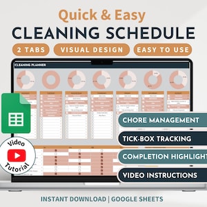 Op de afbeelding: Een laptopscherm dat een Google Sheets-spreadsheet met een schoonmaakschema weergeeft. De spreadsheet heeft twee tabbladen, een visueel ontwerp en is gemakkelijk te gebruiken. Het omvat taakbeheer, vinkje-tracking, voltooiingsmarkeringen en video-instructies. De tekst op het scherm luidt "Quick & Easy CLEANING SCHEDULE 2 TABS VISUAL DESIGN EASY TO USE CLEANING PLANNER CHORE MANAGEMENT TICK-BOX TRACKING COMPLETION HIGHLIGHTS VIDEO INSTRUCTIONS INSTANT DOWNLOAD | GOOGLE SHEETS".