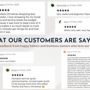 Puede incluir: Un collage de rese&ntilde;as de clientes para un planificador de panader&iacute;a y una calculadora de costos de recetas. Las rese&ntilde;as destacan la utilidad del producto para el seguimiento del inventario, la contabilidad y la planificaci&oacute;n general del negocio. Las rese&ntilde;as provienen de clientes que est&aacute;n contentos con el producto y lo recomiendan a otros panaderos.