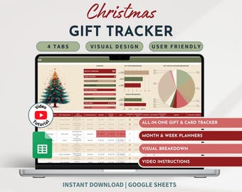 May include: A laptop computer screen displaying a Google Sheets spreadsheet with a Christmas-themed gift tracker. The spreadsheet includes tabs for gift ideas, gift lists, budget tracking, and gift delivery. The spreadsheet also includes a visual breakdown of gift costs by category. The spreadsheet is titled "Christmas Gift Tracker" and includes the text "All-in-one Gift & Card Tracker", "Month & Week Planners", "Visual Breakdown", and "Video Instructions".