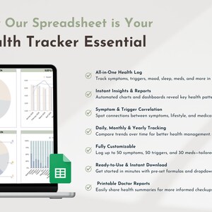 Może przedstawiać: Ekran laptopa wyświetlający arkusz kalkulacyjny z wykresami i diagramami. Tekst na ekranie brzmi "Why Our Spreadsheet is Your Health Tracker Essential". Tekst po prawej stronie ekranu wymienia funkcje arkusza kalkulacyjnego, w tym "All-in-One Health Log", "Instant Insights & Reports", "Symptom & Trigger Correlation", "Daily, Monthly & Yearly Tracking", "Fully Customizable", "Ready-to-Use & Instant Download" i "Printable Doctor Reports".