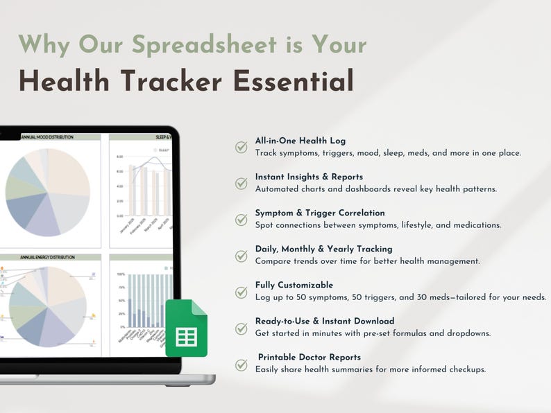 Może przedstawiać: Ekran laptopa wyświetlający arkusz kalkulacyjny z wykresami i diagramami. Tekst na ekranie brzmi "Why Our Spreadsheet is Your Health Tracker Essential". Tekst po prawej stronie ekranu wymienia funkcje arkusza kalkulacyjnego, w tym "All-in-One Health Log", "Instant Insights & Reports", "Symptom & Trigger Correlation", "Daily, Monthly & Yearly Tracking", "Fully Customizable", "Ready-to-Use & Instant Download" i "Printable Doctor Reports".