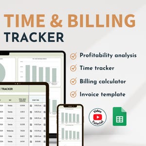 Op de afbeelding: Een screenshot van een computerscherm met een spreadsheet met een tijdtracker, een cirkeldiagram en een staafdiagram. De spreadsheet is gelabeld met "TIME TRACKER". De tekst "Rentabiliteitsanalyse", "Tijdtracker", "Factuurcalculator" en "Factuurtemplate" staat rechts op het scherm. Een video-tutorialpictogram en een Google Sheets-pictogram bevinden zich onderaan het scherm.
