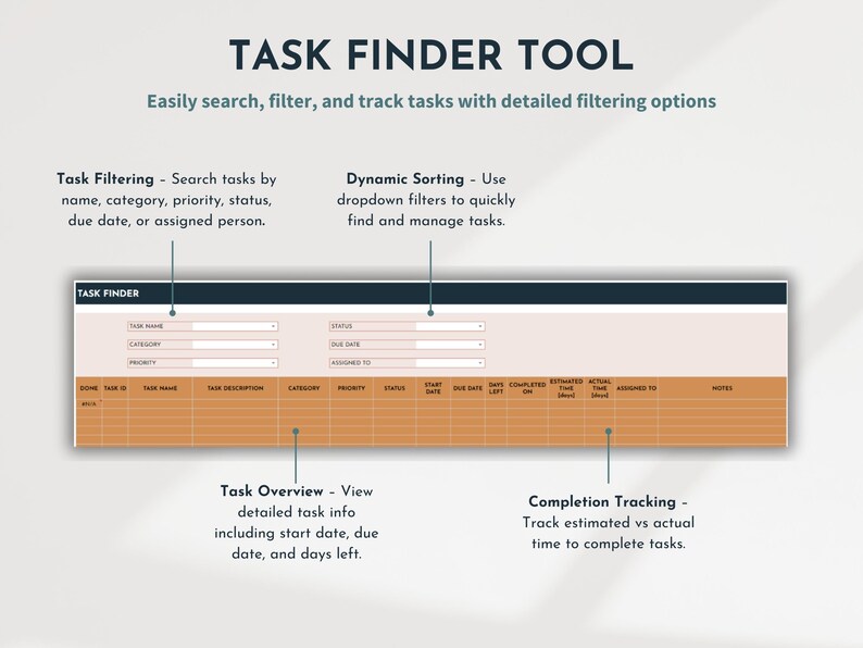 To do List Spreadsheet Task Tracker Productivity Organizer Task Management Brain Dump Checklist ADHD Calendar Daily Planner To Do Template