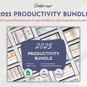 May include: A digital product bundle for 2025 productivity, featuring 6 planners in a blue and pink color scheme. The bundle includes a to-do list, bullet journal, new year resolution planner, and daily, weekly, and monthly planners. The bundle has 26 tabs and 6 files.
