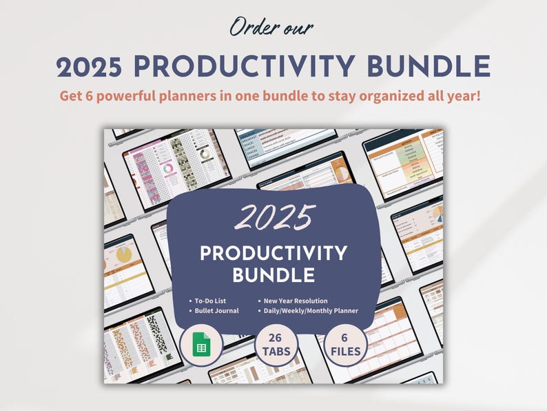 May include: A digital product bundle for 2025 productivity, featuring 6 planners in a blue and pink color scheme. The bundle includes a to-do list, bullet journal, new year resolution planner, and daily, weekly, and monthly planners. The bundle has 26 tabs and 6 files.