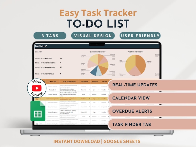 To do List Spreadsheet Task Tracker Productivity Organizer Task Management Brain Dump Checklist ADHD Calendar Daily Planner To Do Template