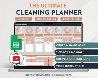 May include: A laptop screen displays a cleaning planner template with the text "THE ULTIMATE CLEANING PLANNER." Features include chore management, tick-box tracking, and video instructions. The design is visual and easy to use, with 2 tabs. Instant download available.