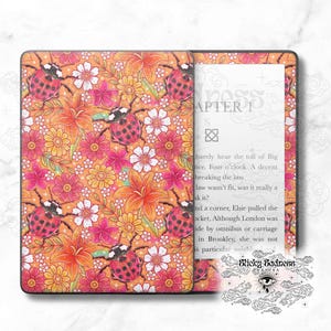 May include: A Kindle e-reader with a floral pattern cover featuring ladybugs and flowers in shades of pink, orange, and yellow. The text "Chapter 1" is visible on the right side of the image.
