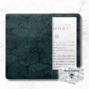 May include: A black and green e-reader with a cloud pattern design. The screen displays the text "Chapter 1" and a portion of a book excerpt. The e-reader is on a white surface. The image also includes a black and white illustration of a crying eye with clouds around it.