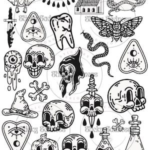 Halloween Temporary Tattoos, Gift for Halloween Lover, tattoo sheet with bats skeletons witch bones, creepy illustrations, spooky season