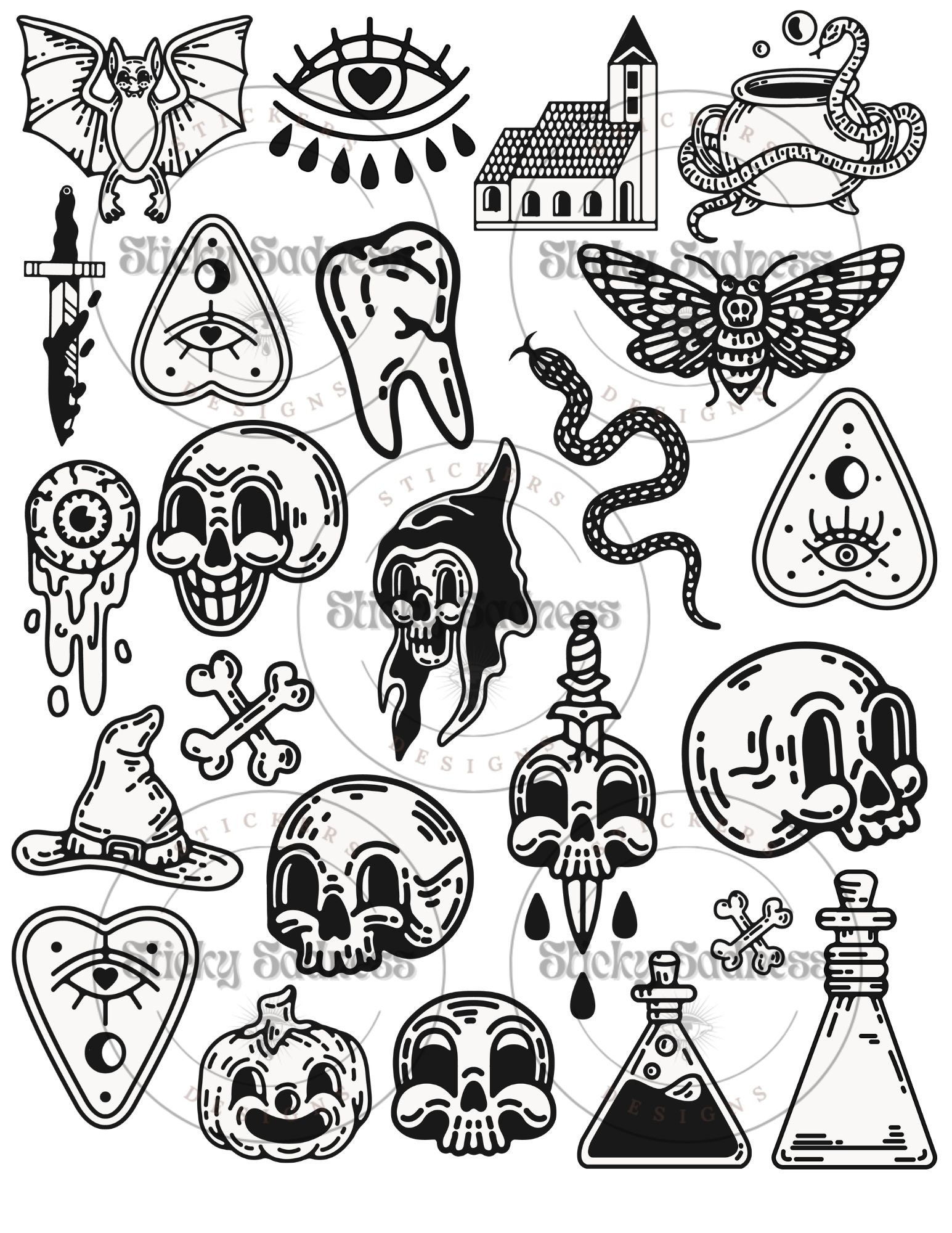 Halloween Temporary Tattoos, Gift for Halloween Lover, tattoo sheet with bats skeletons witch bones, creepy illustrations, spooky season