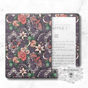 May include: A purple background with a repeating pattern of white lilies, pink roses, green leaves, and butterflies in ornate gold frames. The text "Chapter 1" is visible in the top right corner of the image.