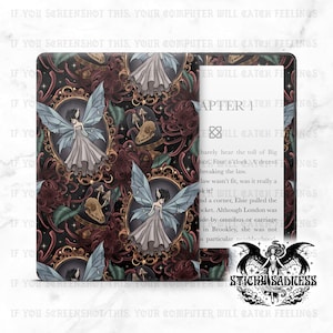 May include: A black e-reader cover with a dark floral and fairy design. The cover features ornate frames with fairies, skulls, and mushrooms. The text "CHAPTER 1" is visible on the e-reader screen, along with the Sticky Sadness logo.