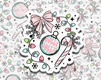 Holly Jolly Ornament Christmas Holiday Waterproof Vinyl Sticker, Girly Gift for Friend, Funny Sticker for Kindle Laptop Water Bottle Journa