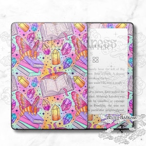 May include: A colorful digital book cover design featuring a repeating pattern of butterflies, books, and crystals. The background is a gradient of pink, yellow, and blue. The text "Sticky Sadness" is visible in the bottom right corner.