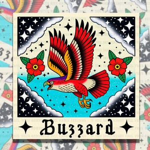 May include: A tattoo-style illustration of a red, yellow, and purple buzzard with outstretched wings, set against a light blue sky. The design includes red flowers, black clouds, and the word "Buzzard" in a banner.