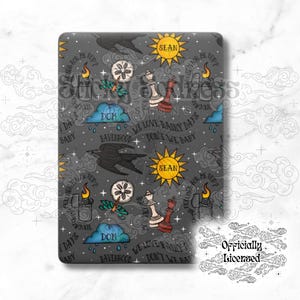 May include: A grey and black patterned design featuring a repeating pattern of clouds, stars, a sun, a bird, a seashell, a dragonfly, a chess piece, a lighter, and the text "We love rainy days, don't we baby" and "Dom Ravenhood".