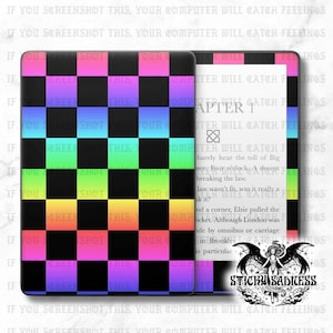 May include: A black and colorful checkerboard Kindle cover with the text "IF YOU SCREENSHOT THIS, YOUR COMPUTER WILL CATCH FEELINGS". The cover is open, revealing the screen with text. A "Sticky Sadness" logo is in the corner.