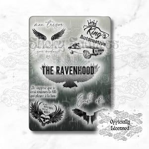 May include: A black and white graphic design with the text "The Ravenhood" and "King's Automotive". The design also includes a car, wings, and a raven.