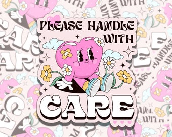Please Handle with Care Cute Color Retro Cartoon Mental Health Affirmation Sticker, Gift for Friend,  Sticker for Kindle Laptop Water Bottle